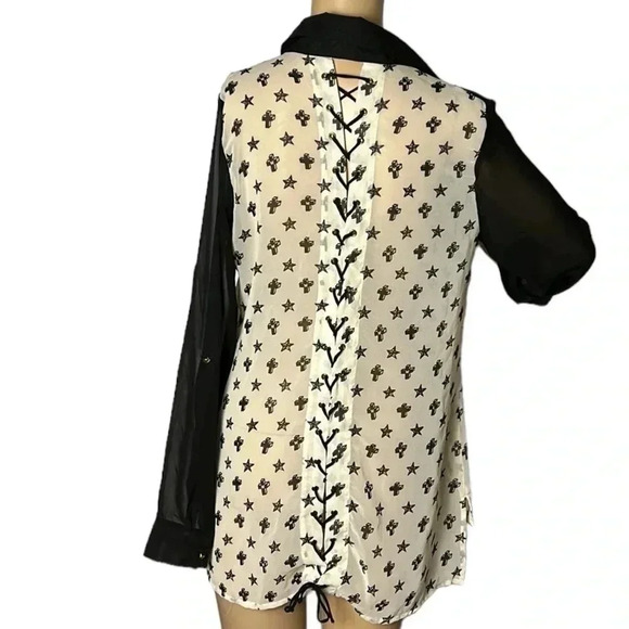 Sheer lace up blouse,cross,star,multi media,hi lo,indie sleeze,Whimsigoth,goth - Picture 1 of 12